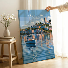 Falmouth Cornwall Moored Yachts Travel Poster — canvas print mirror edge hand holding room setting