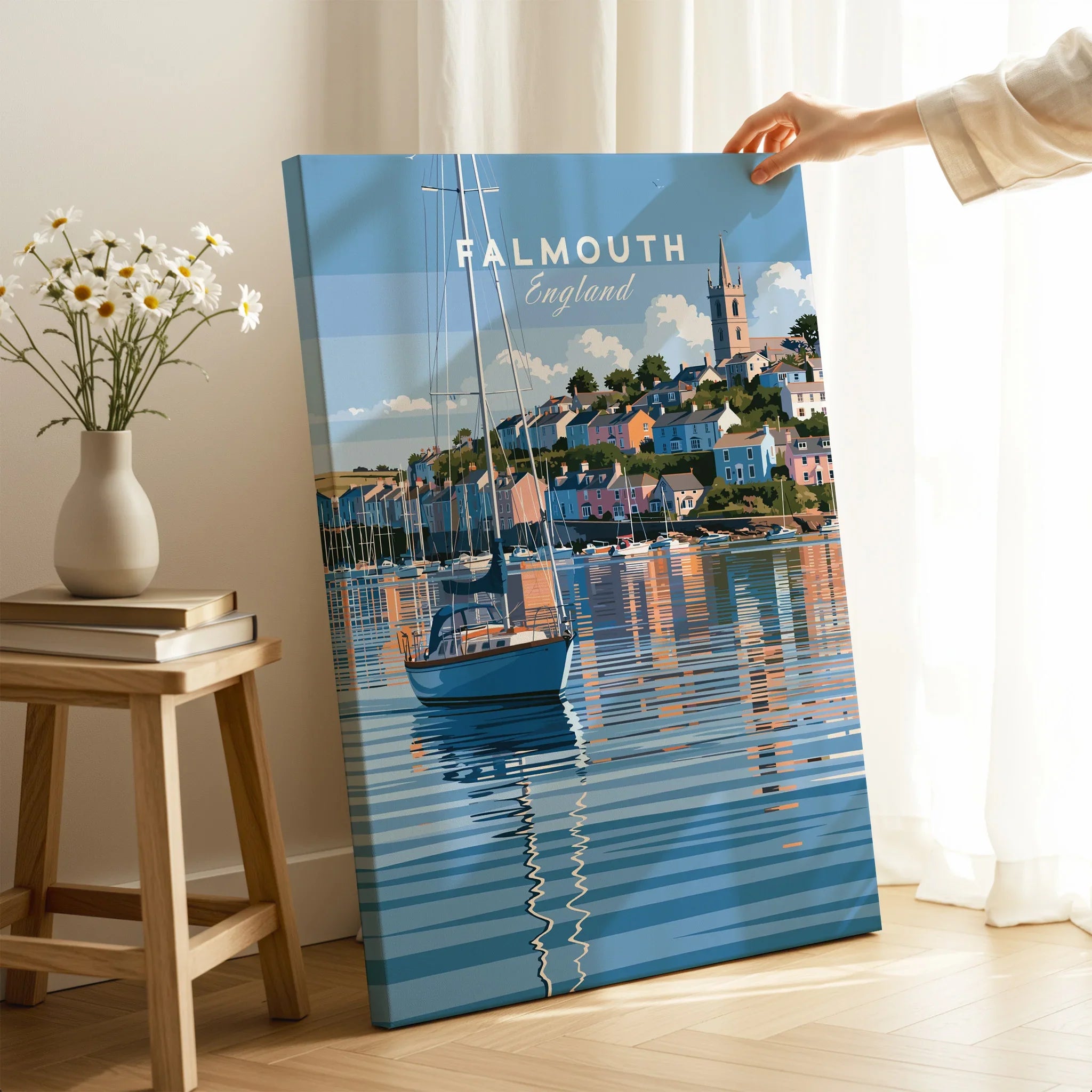 Falmouth Cornwall Moored Yachts Travel Poster — canvas print mirror edge hand holding room setting