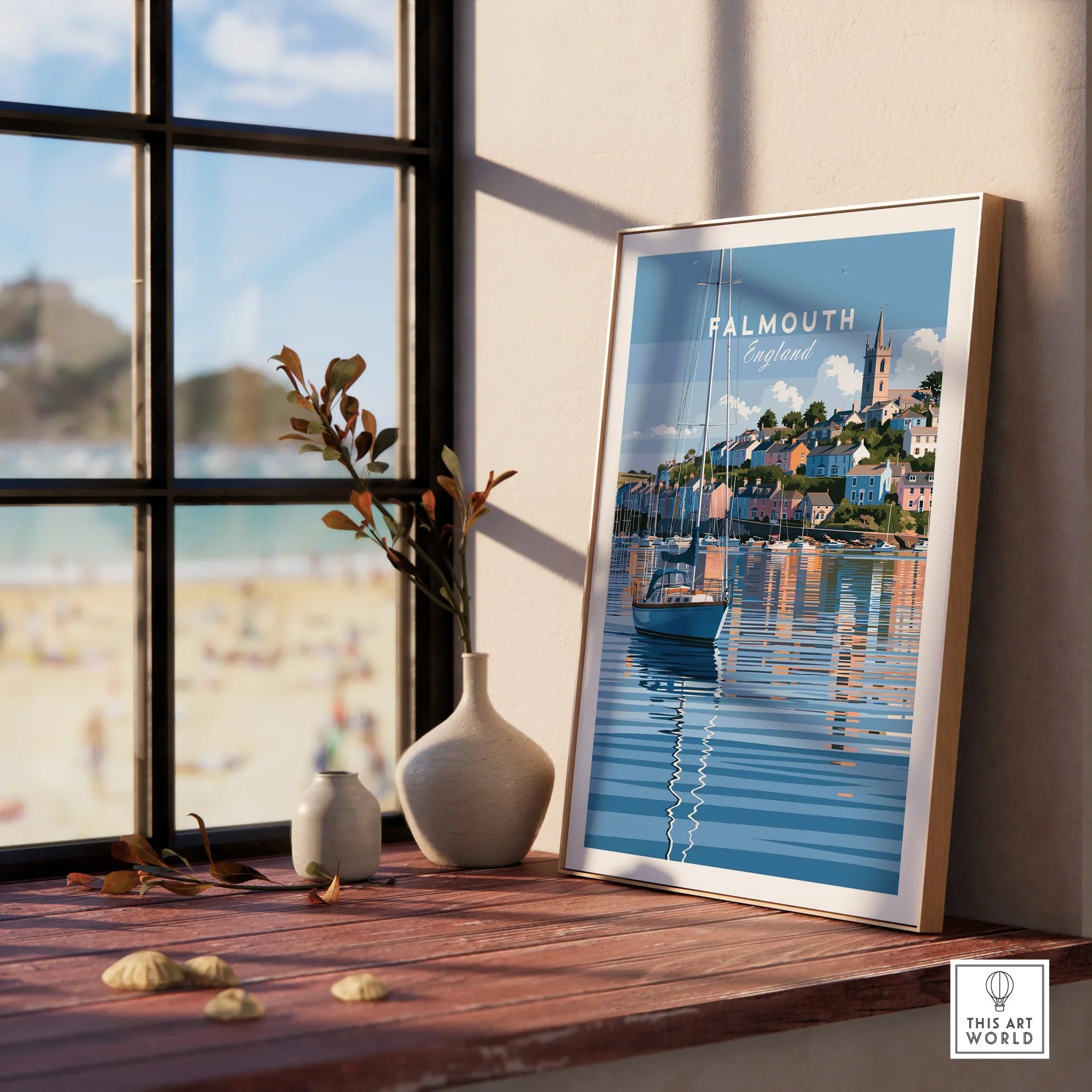 Falmouth Cornwall Moored Yachts Travel Poster — framed print window view natural wood frame