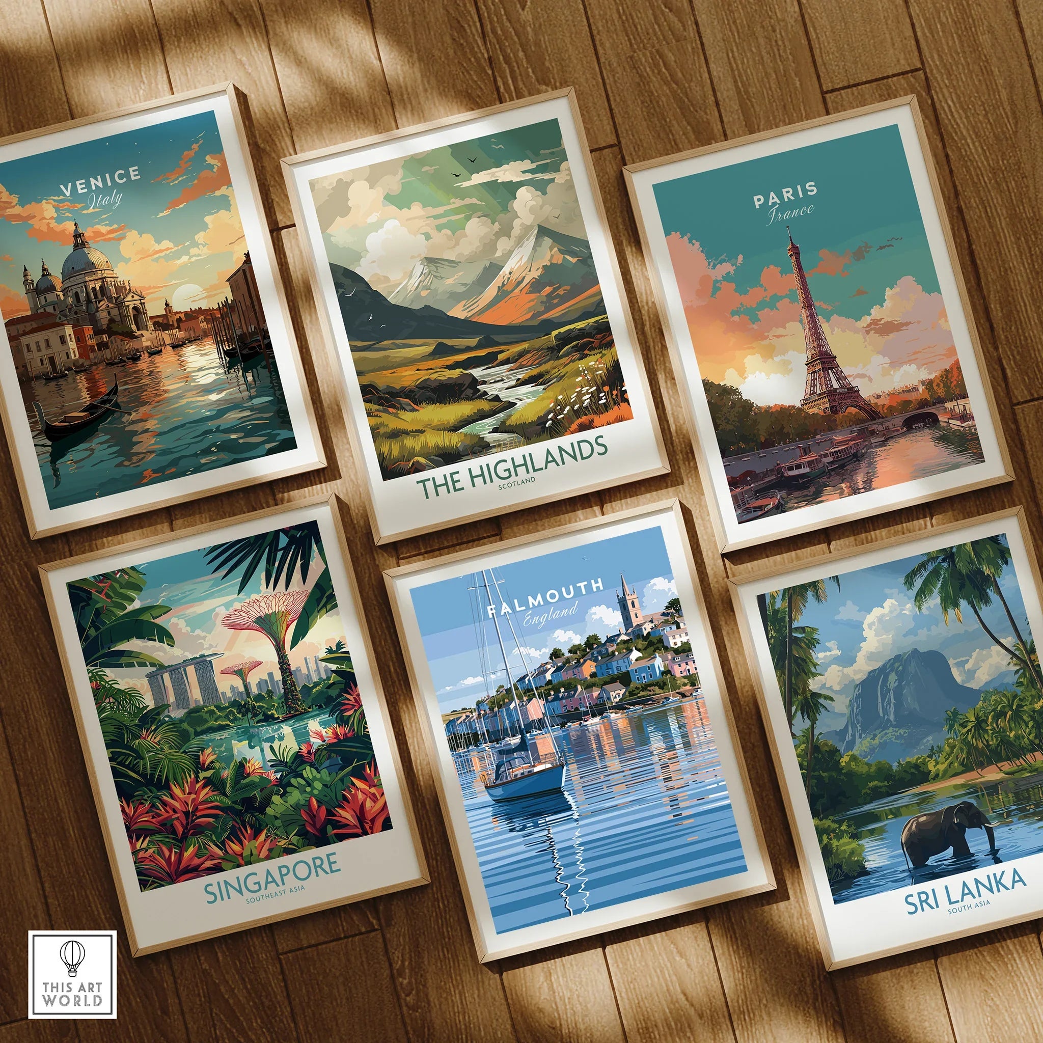 Falmouth Cornwall Moored Yachts Travel Poster — set six framed art prints wooden floor natural wood frames