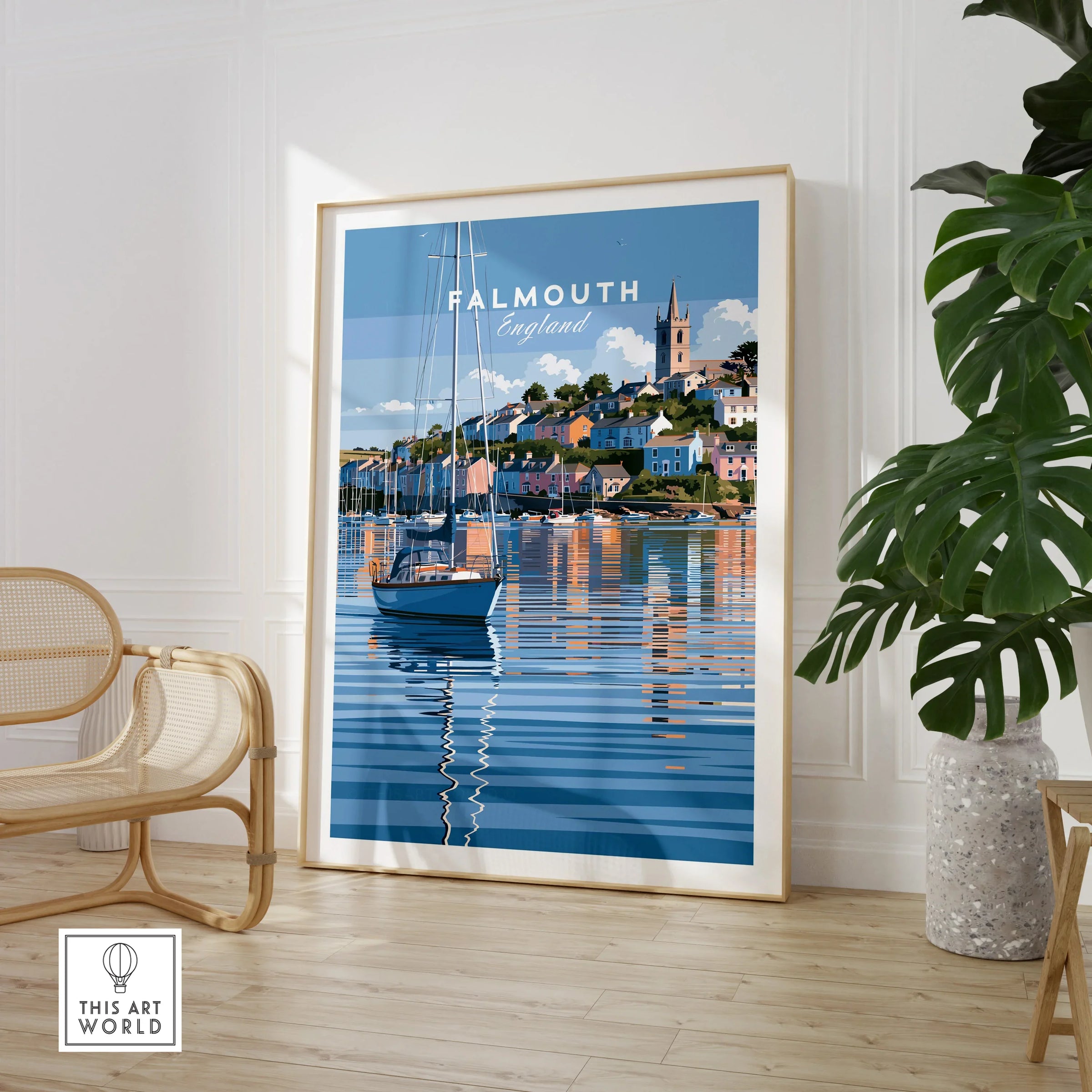 Falmouth Cornwall Moored Yachts Travel Poster — large framed print room setting chair plant