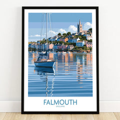 Falmouth Cornwall Harbour Reflections Wall Art — art print in black frame on wooden floor