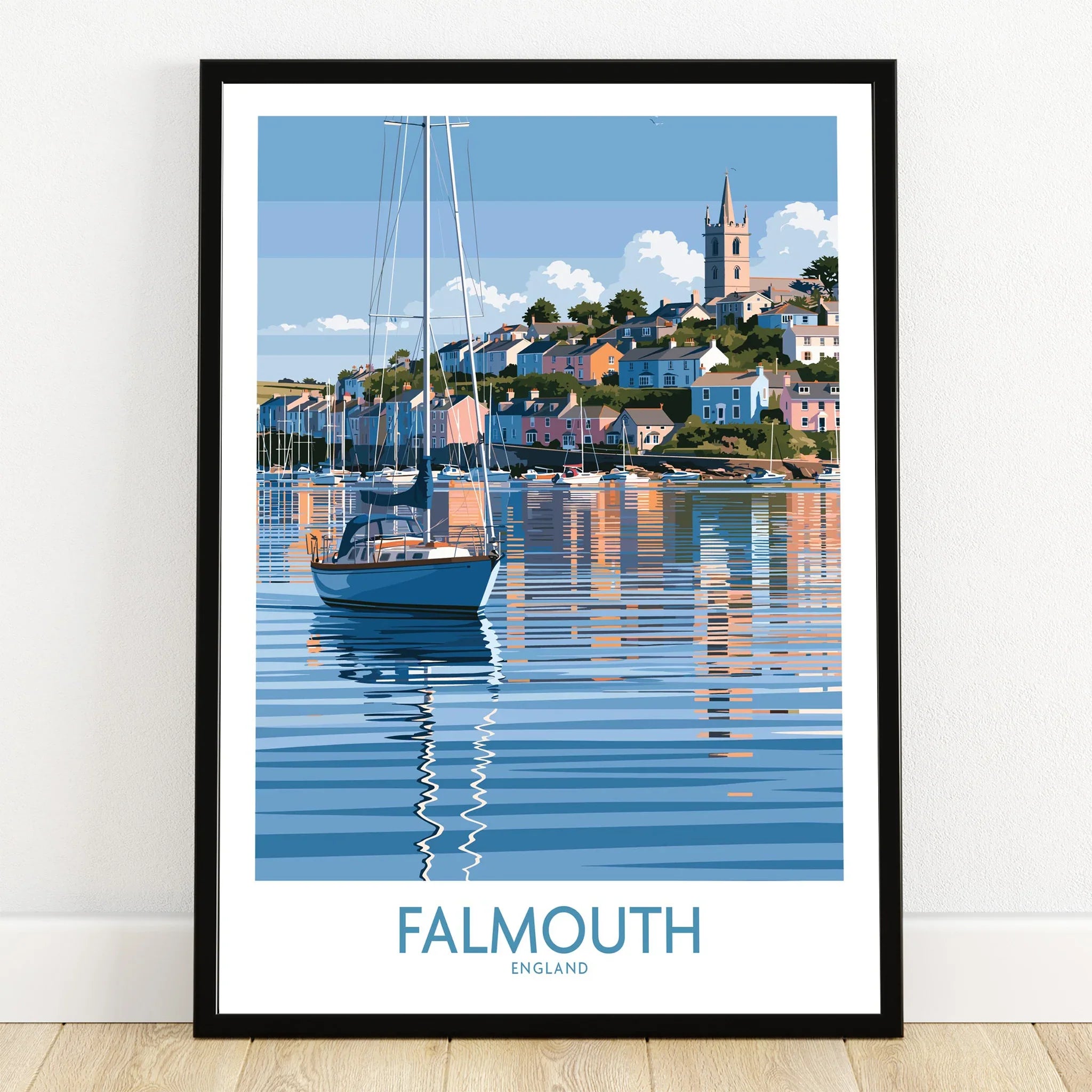 Falmouth Cornwall Harbour Reflections Wall Art — art print in black frame on wooden floor