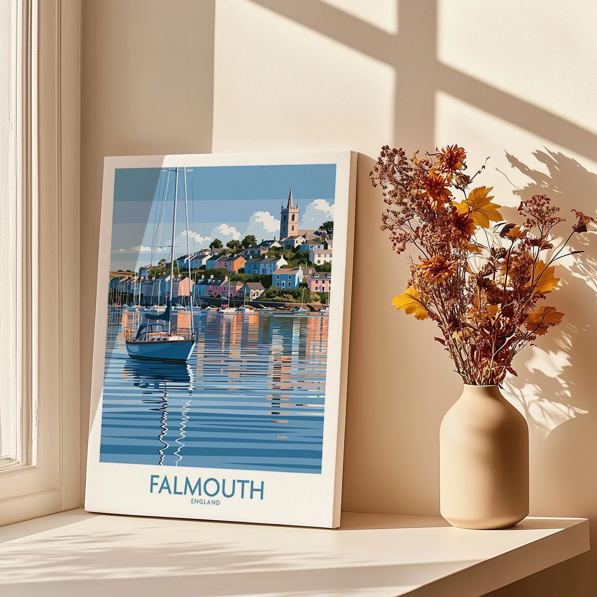 Falmouth Cornwall Harbour Reflections Wall Art — canvas print window setting with shadows flowers