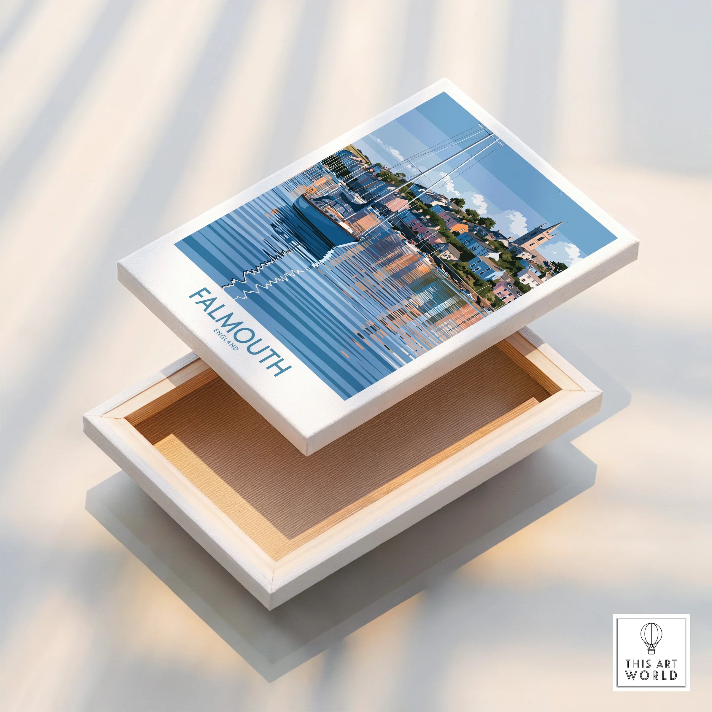 Falmouth Cornwall Harbour Reflections Wall Art — stretched canvas print floating detail mirror edge