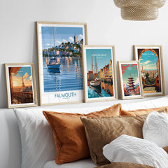 Falmouth Cornwall Harbour Reflections Wall Art — set five framed artprints above bed natural wood frames