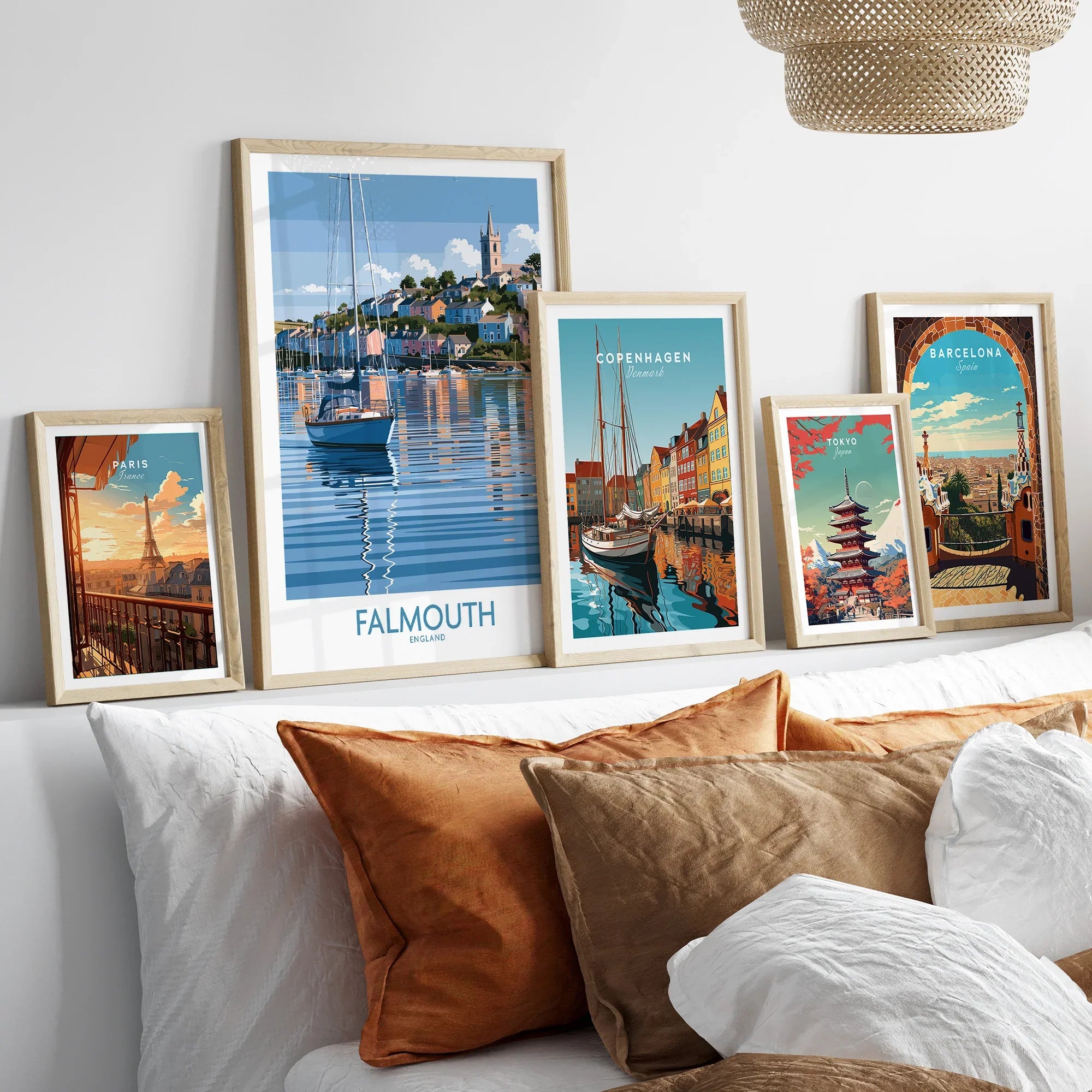 Falmouth Cornwall Harbour Reflections Wall Art — set five framed artprints above bed natural wood frames