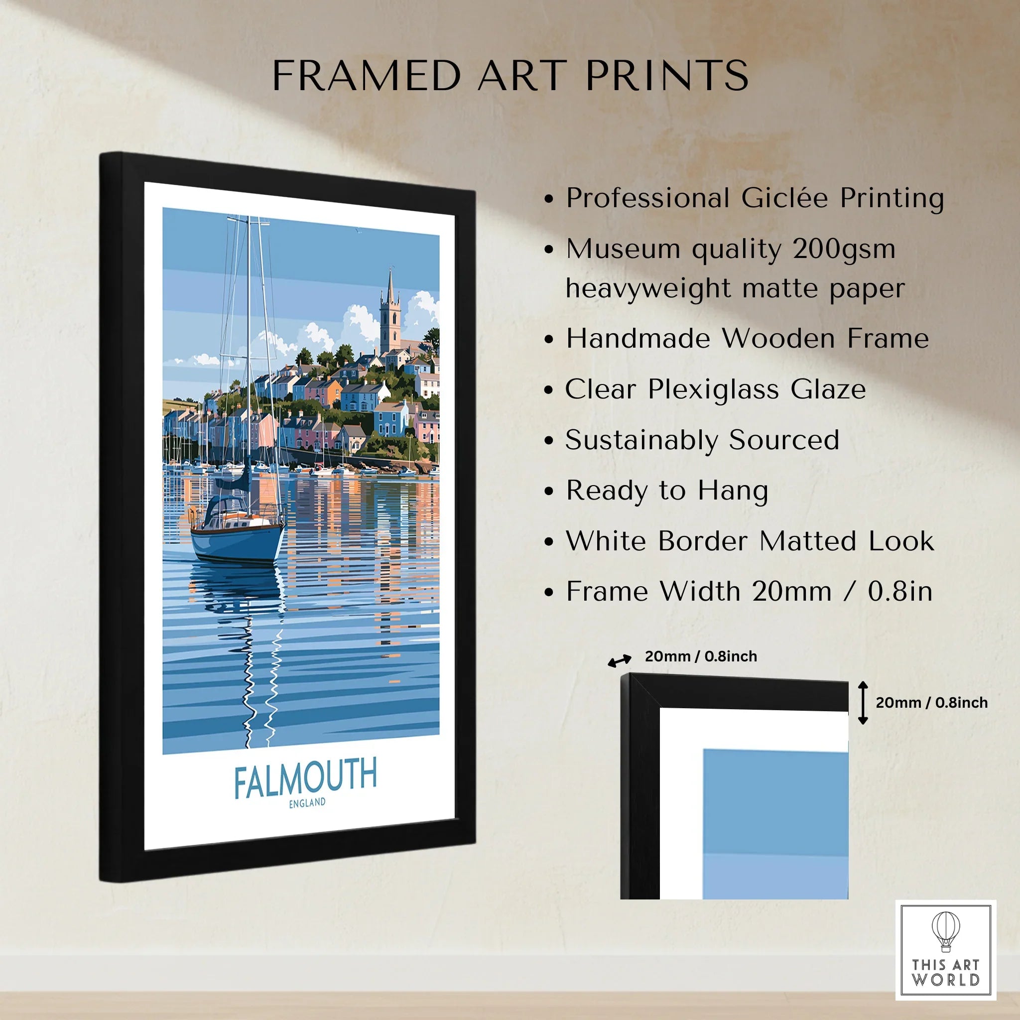 Falmouth Cornwall Harbour Reflections Wall Art — framed print details measurements quality details