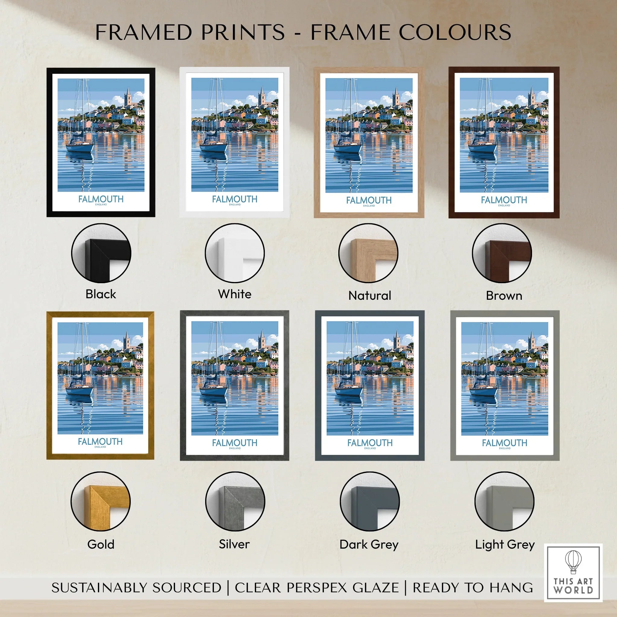 Falmouth Cornwall Harbour Reflections Wall Art — framed print colour options