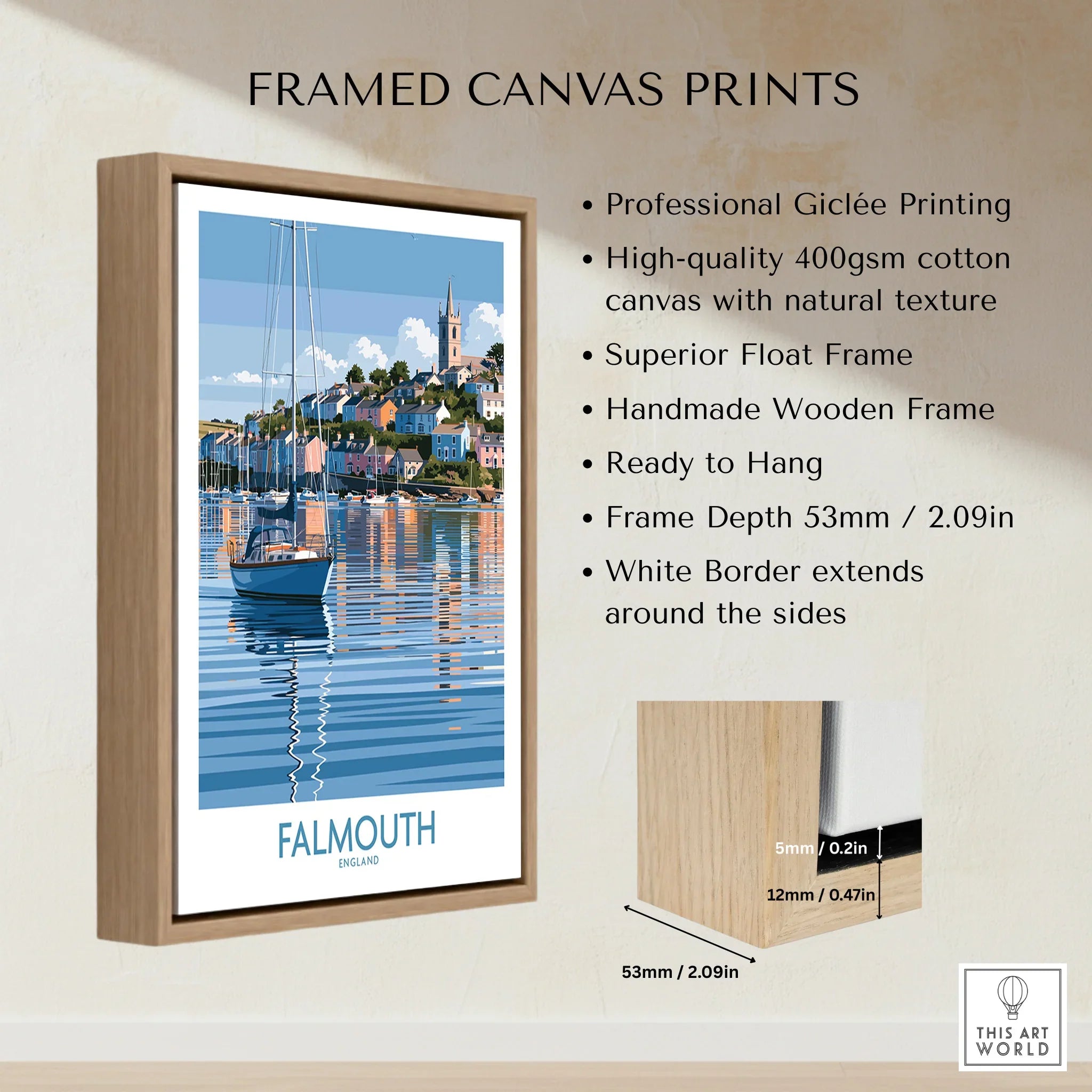 Falmouth Cornwall Harbour Reflections Wall Art — framed canvas float frame details quality