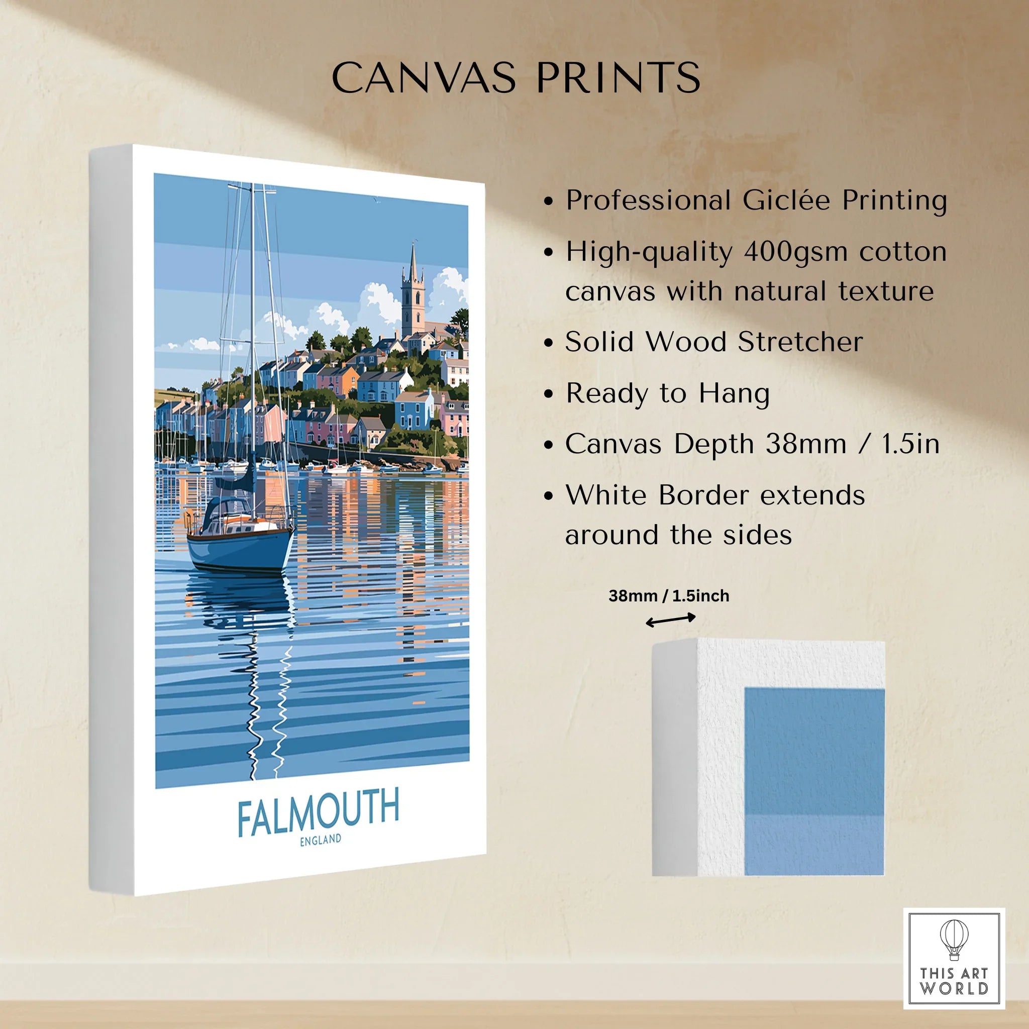 Falmouth Cornwall Harbour Reflections Wall Art — canvas print stretched cotton canvas details