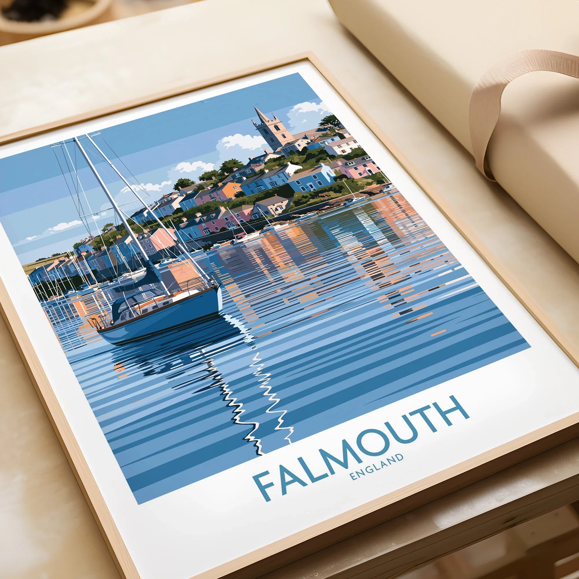 Falmouth Cornwall Harbour Reflections Wall Art — framed art print closeup gift unwrapped natural frame