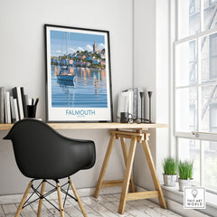 Falmouth Cornwall Harbour Reflections Wall Art — framed poster black frame on office desk modern