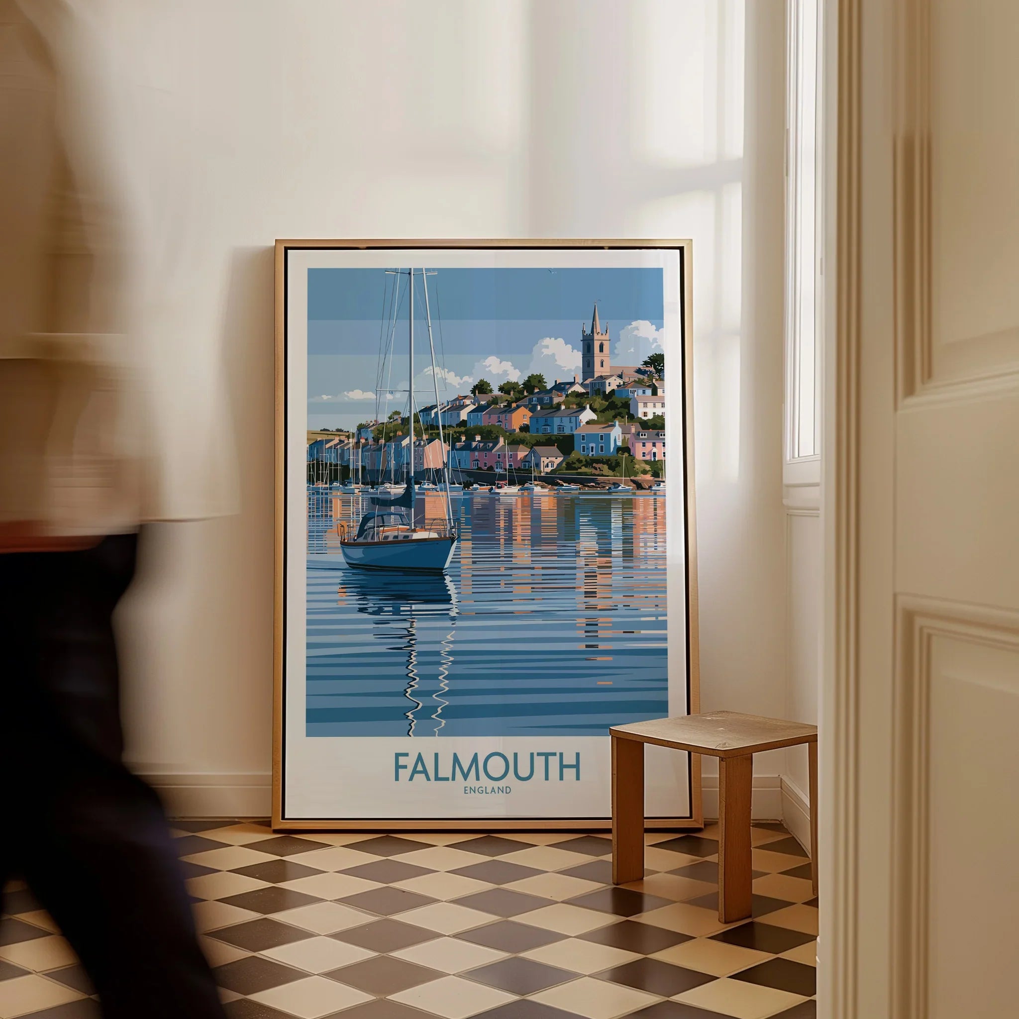 Falmouth Cornwall Harbour Reflections Wall Art — framed canvas on floor man walking past