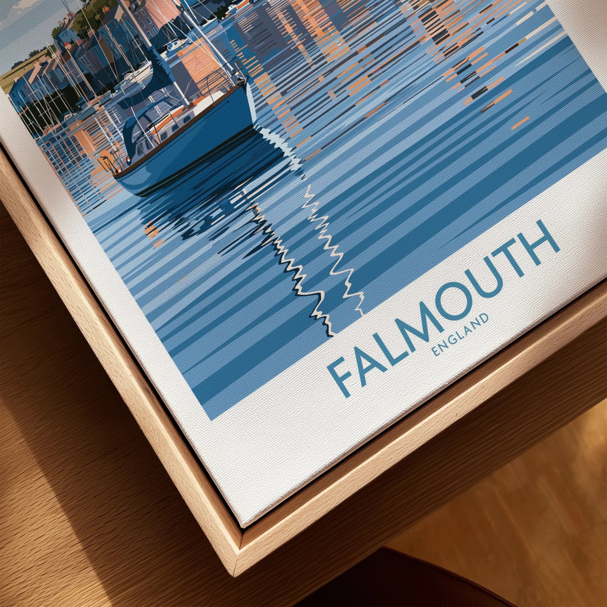 Falmouth Cornwall Harbour Reflections Wall Art — closeup framed canvas natural wood floating frame