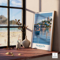 Falmouth Cornwall Harbour Reflections Wall Art — framed print window view natural wood frame