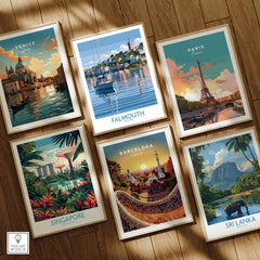 Falmouth Cornwall Harbour Reflections Wall Art — set six framed art prints wooden floor natural wood frames
