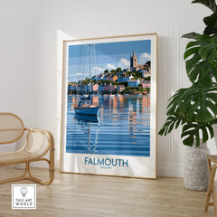 Falmouth Cornwall Harbour Reflections Wall Art — large framed print room setting chair plant