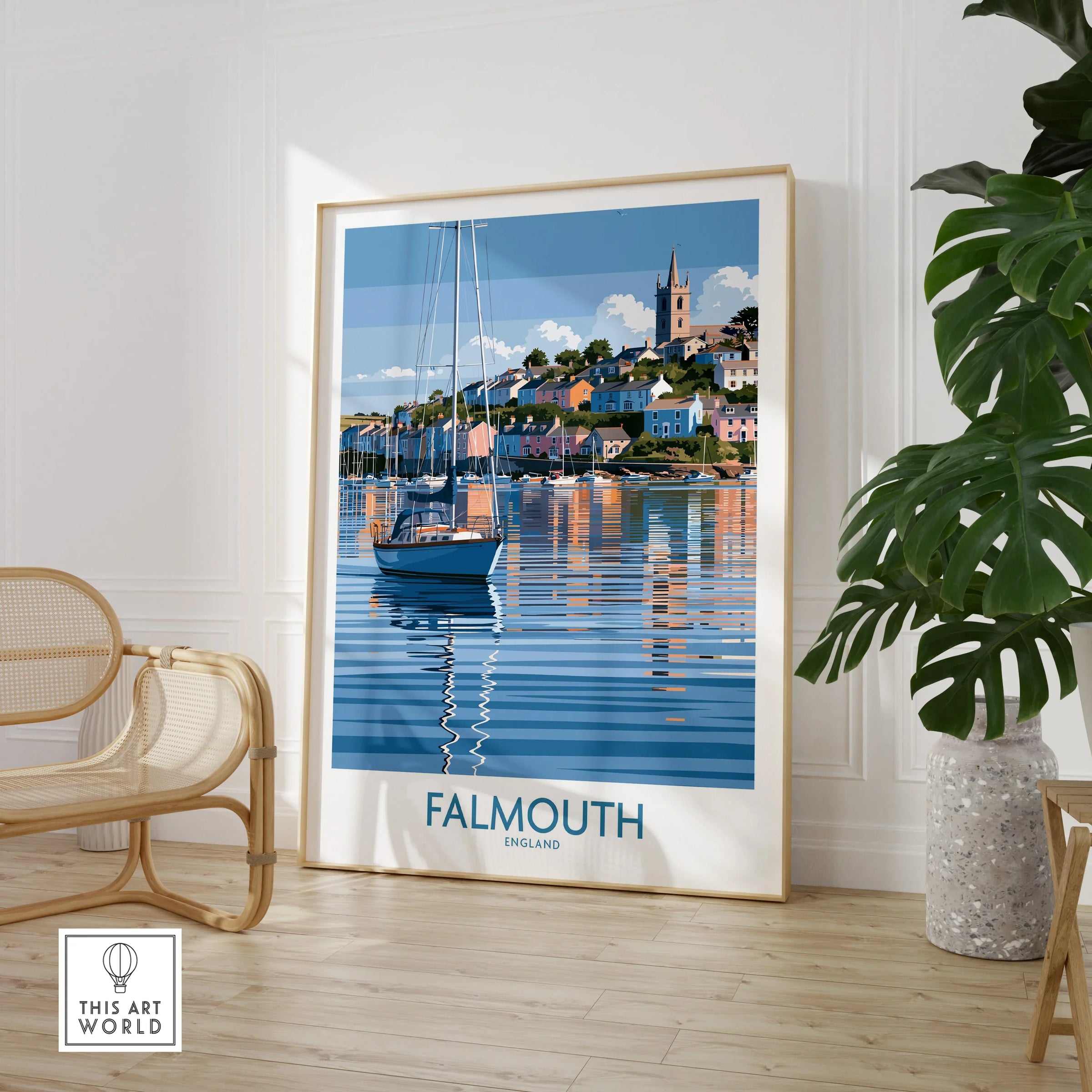 Falmouth Cornwall Harbour Reflections Wall Art — large framed print room setting chair plant