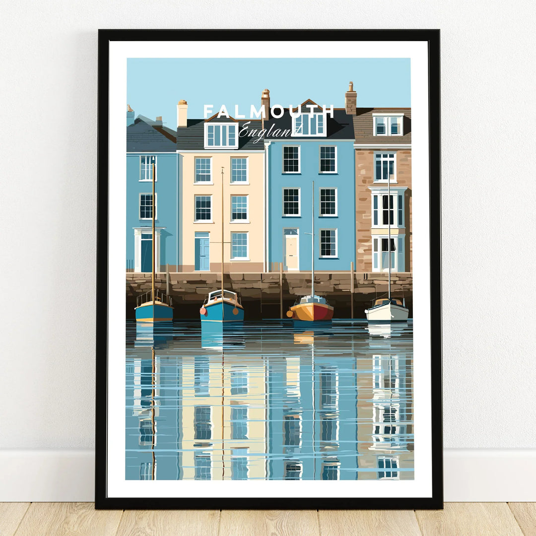 Falmouth Cornwall Harbour Travel Poster — art print in black frame on wooden floor