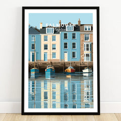 Falmouth Cornwall Harbour Travel Poster — art print in black frame on wooden floor