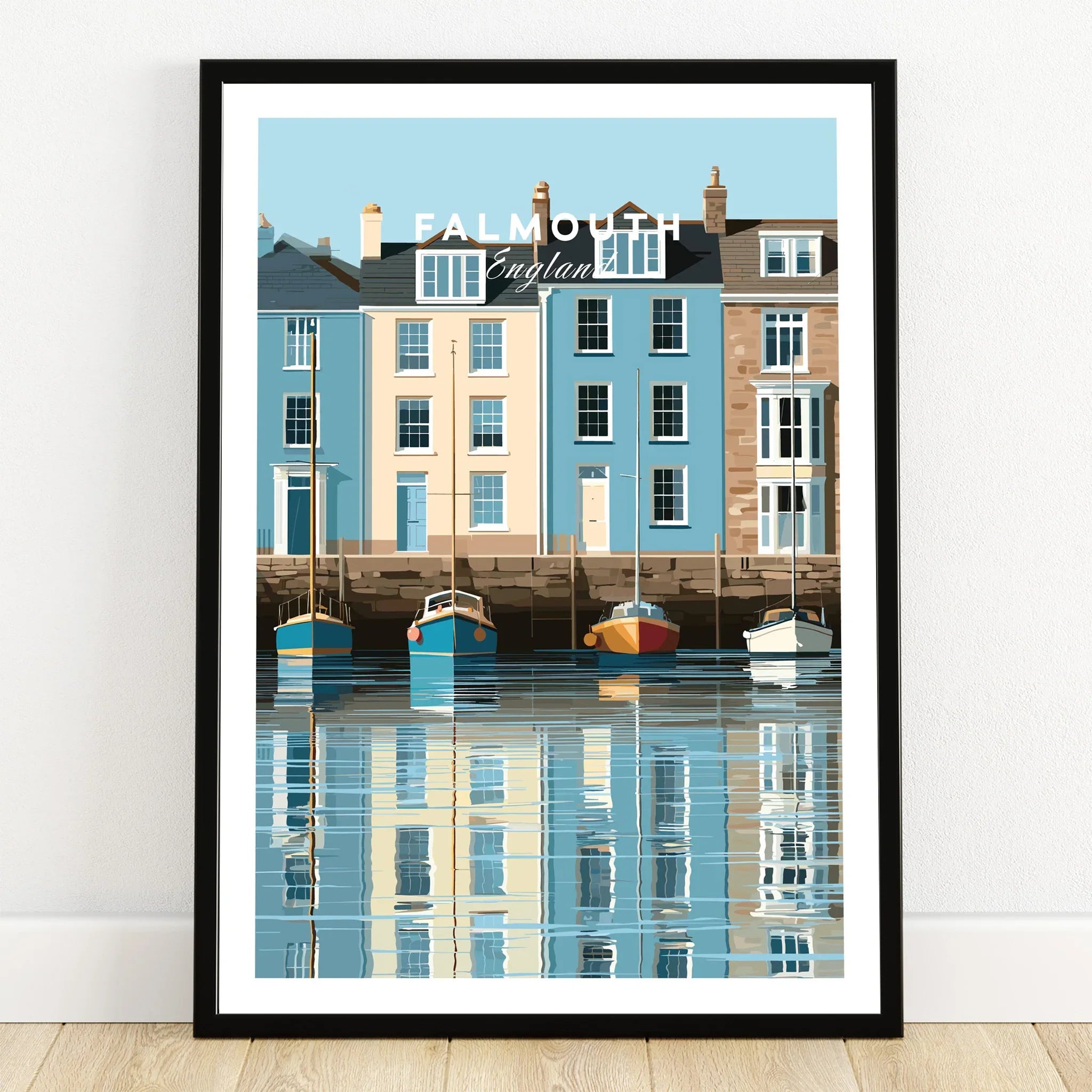Falmouth Cornwall Harbour Travel Poster — art print in black frame on wooden floor