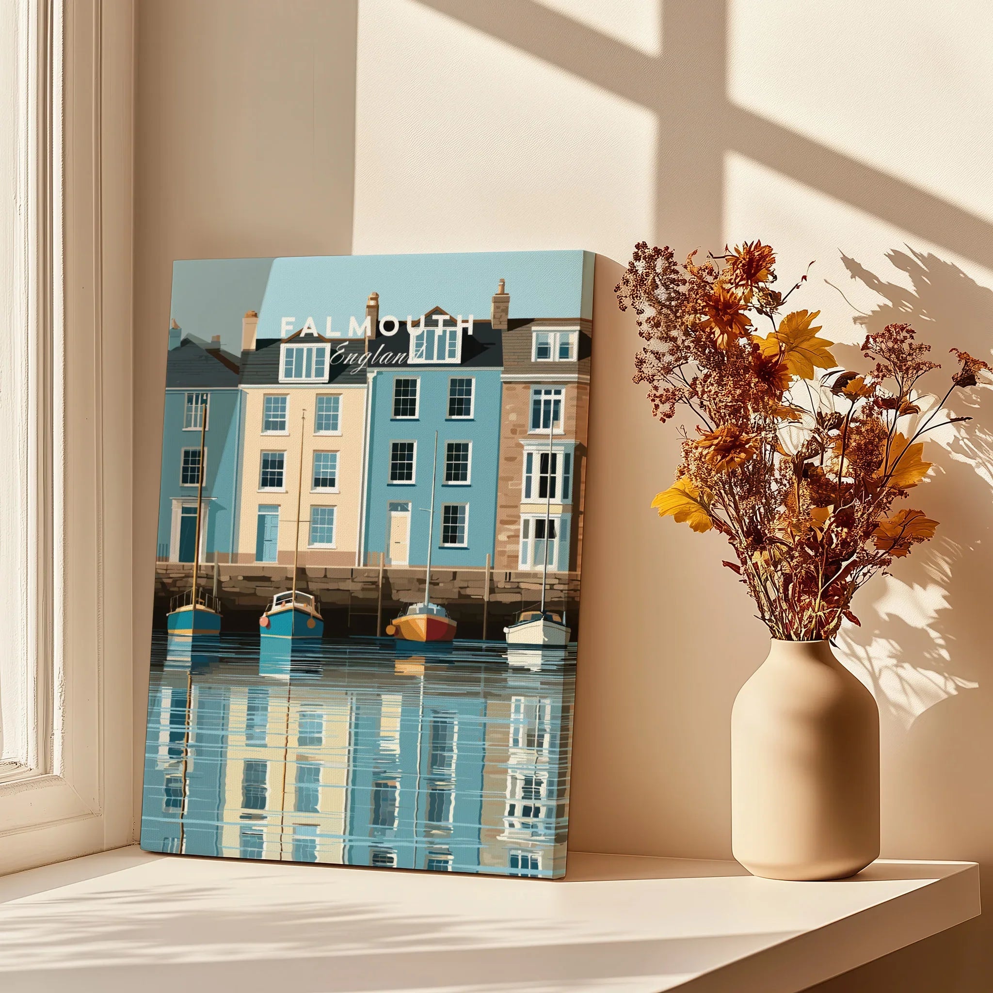 Falmouth Cornwall Harbour Travel Poster — canvas print window setting with shadows flowers
