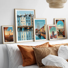 Falmouth Cornwall Harbour Travel Poster — set five framed artprints above bed natural wood frames