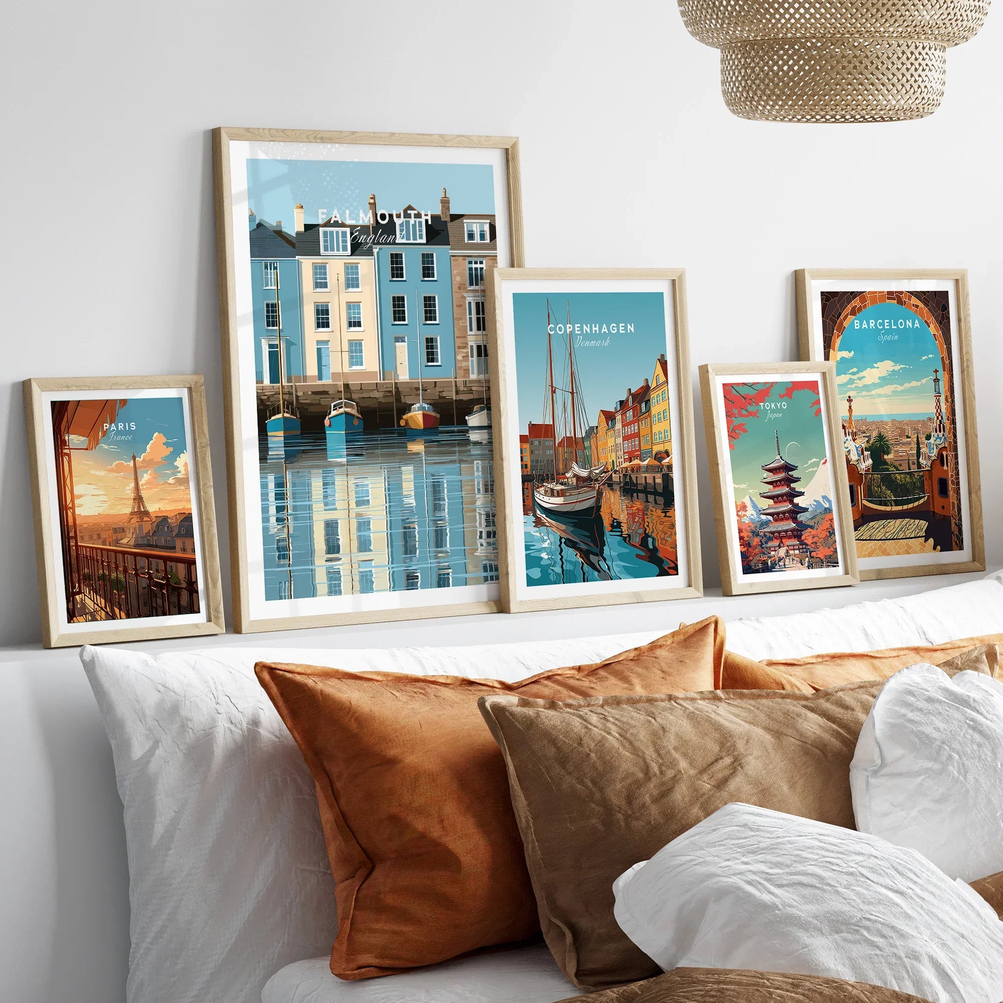 Falmouth Cornwall Harbour Travel Poster — set five framed artprints above bed natural wood frames