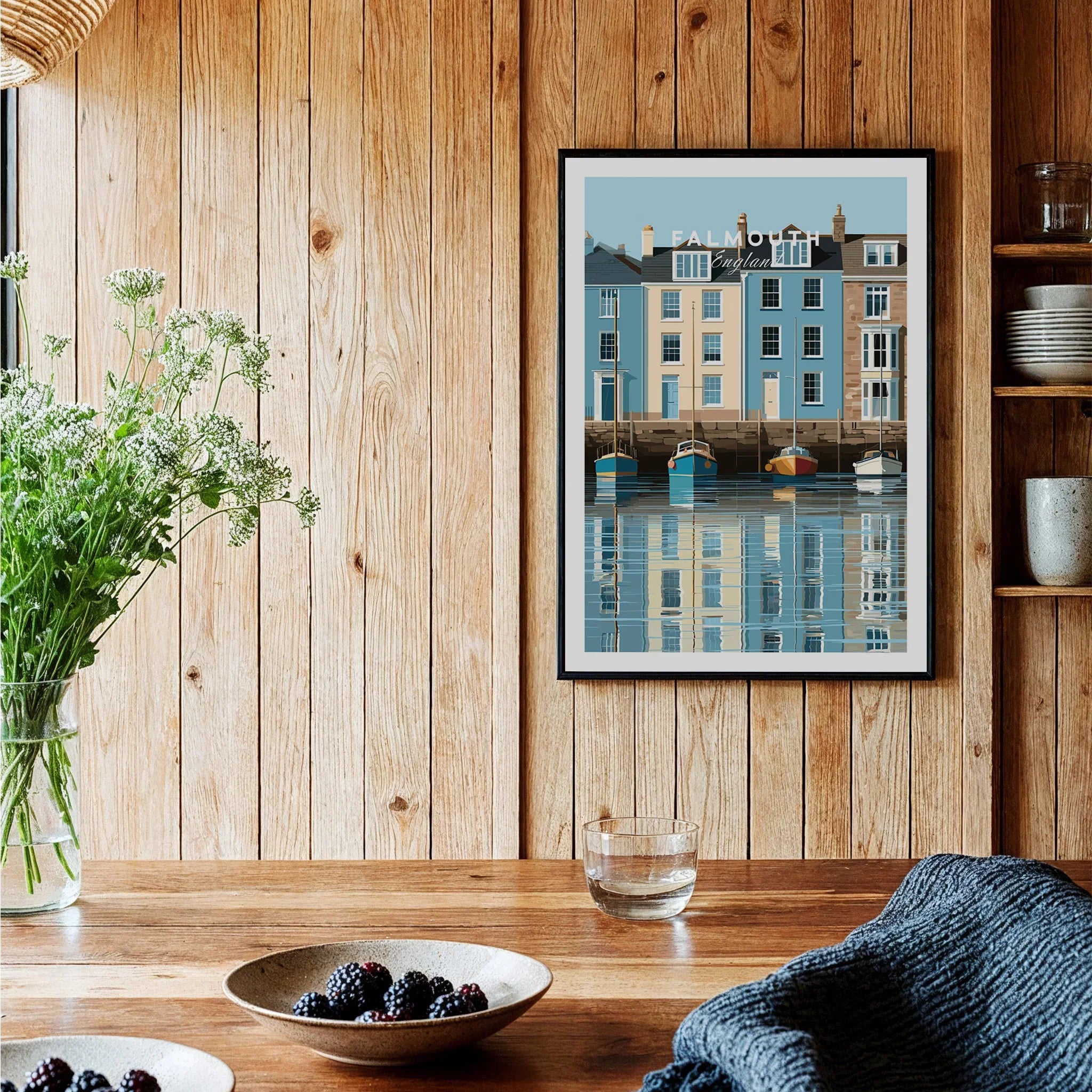 Falmouth Cornwall Harbour Travel Poster — black framed art print kitchen setting