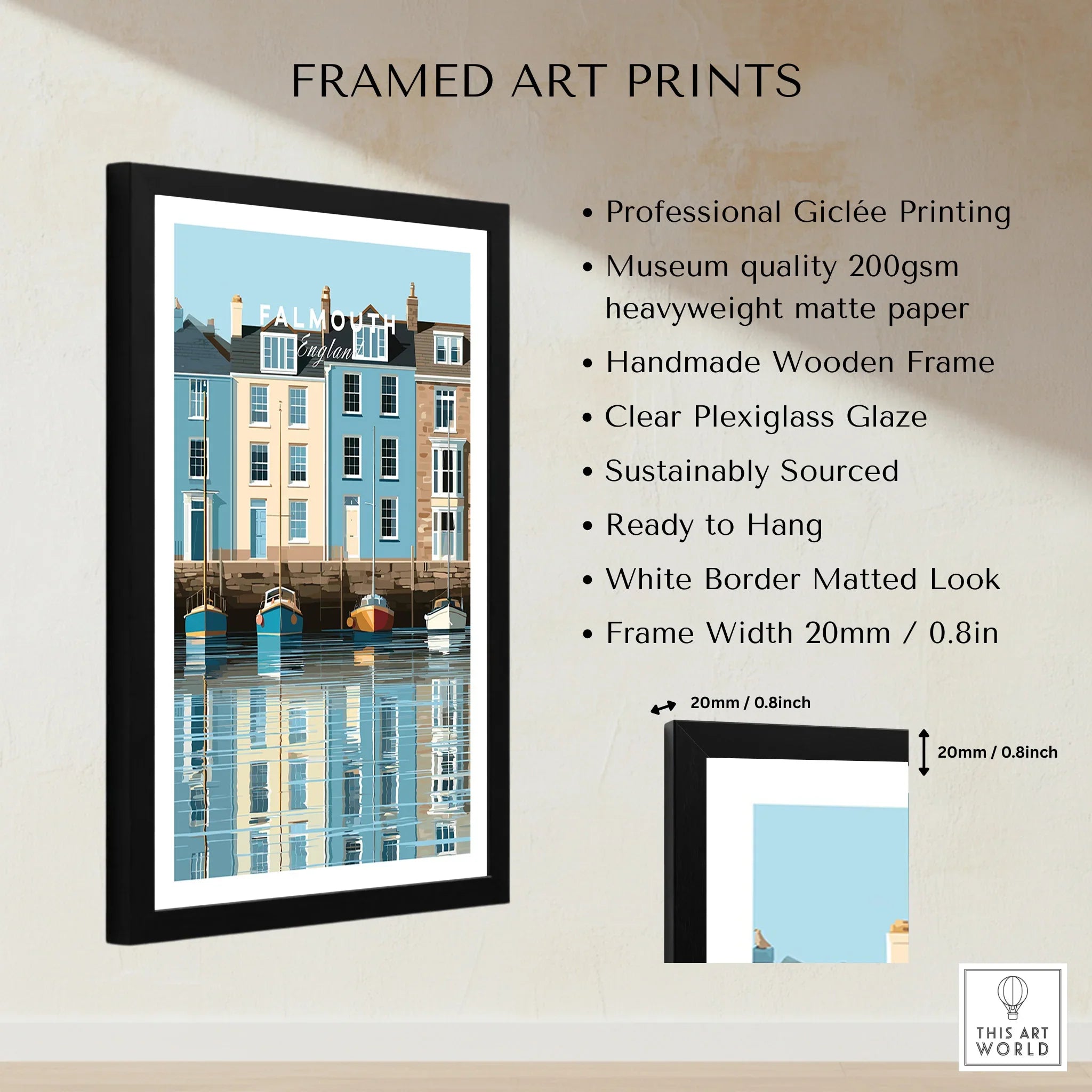 Falmouth Cornwall Harbour Travel Poster — framed print details measurements quality details
