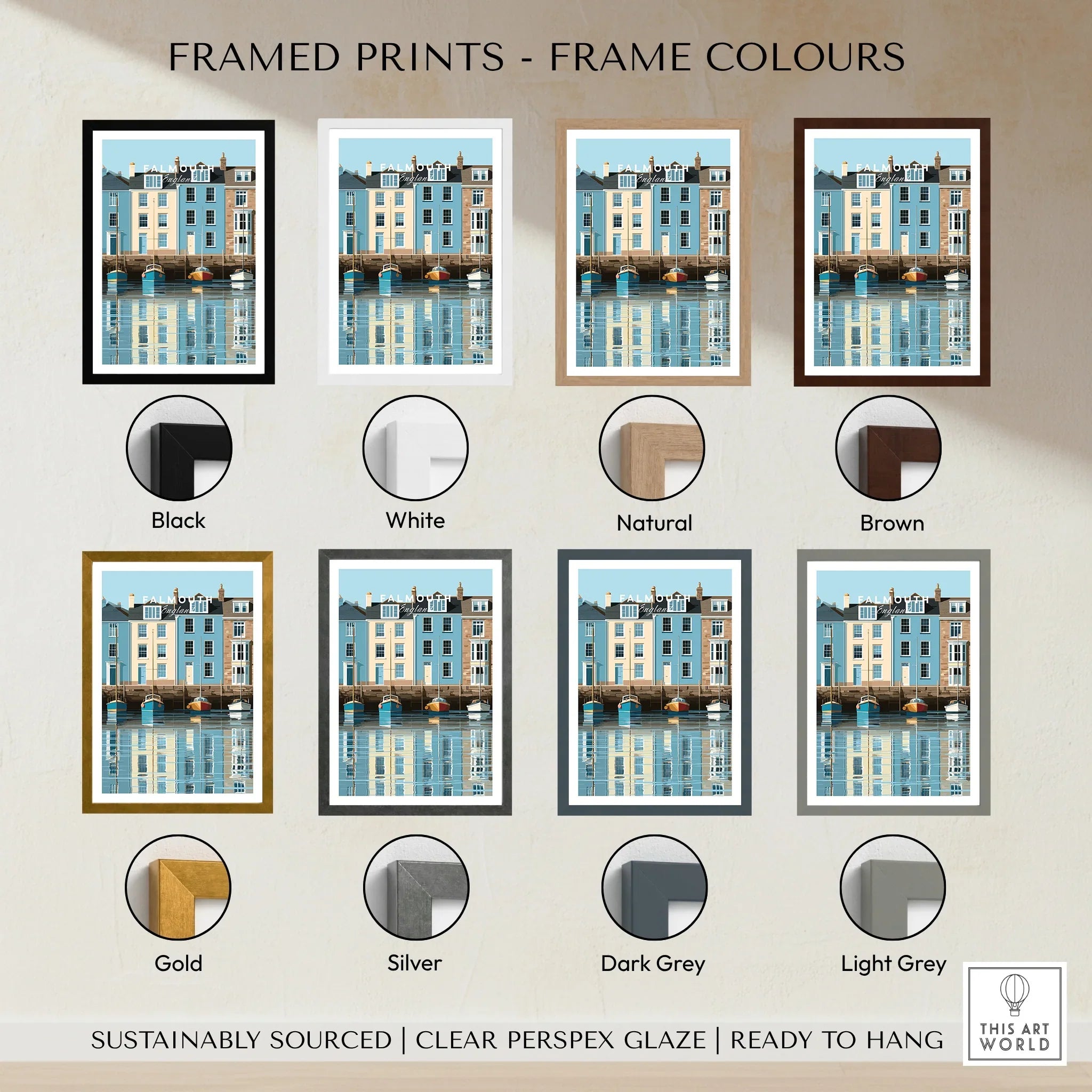 Falmouth Cornwall Harbour Travel Poster — framed print colour options