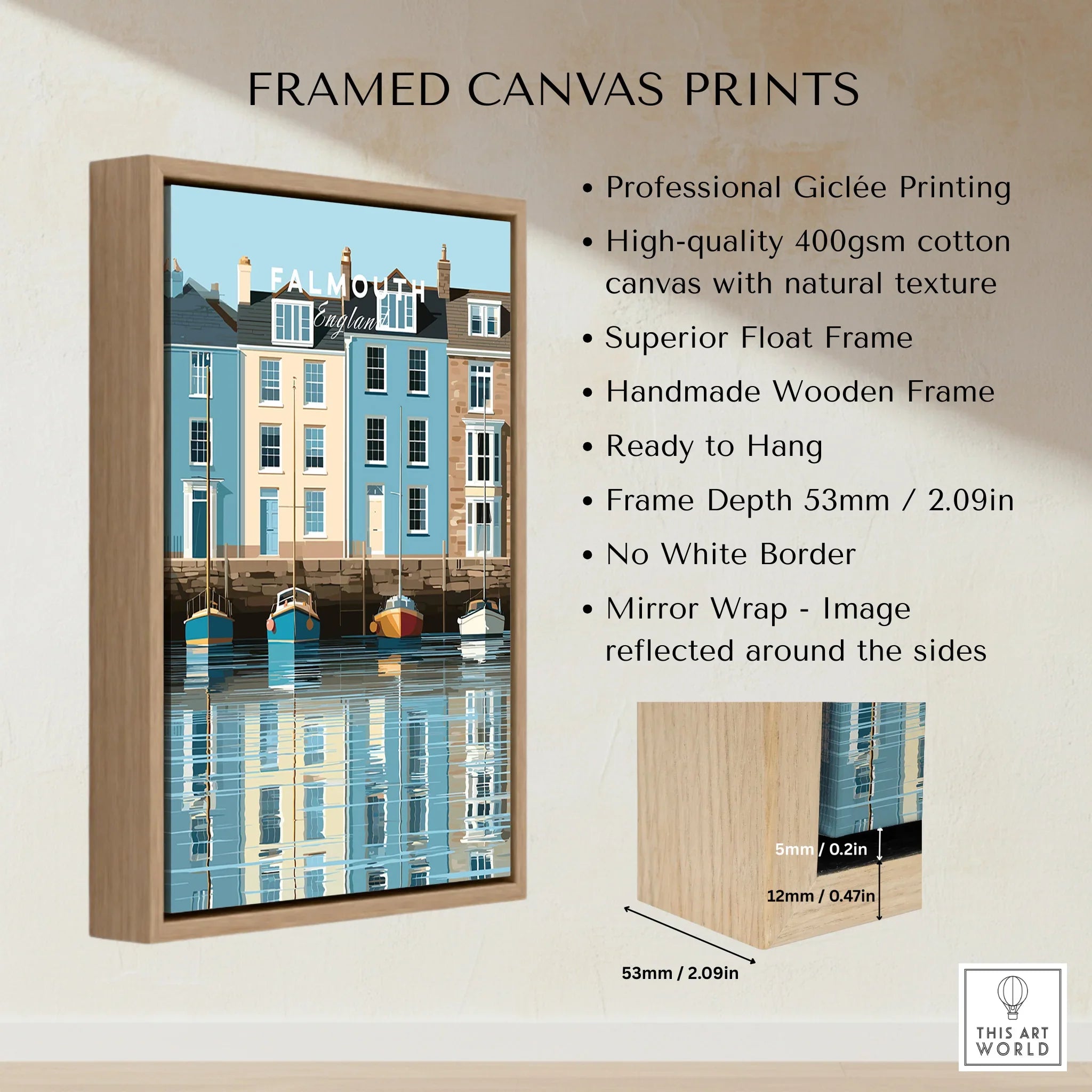 Falmouth Cornwall Harbour Travel Poster — framed canvas float frame details quality