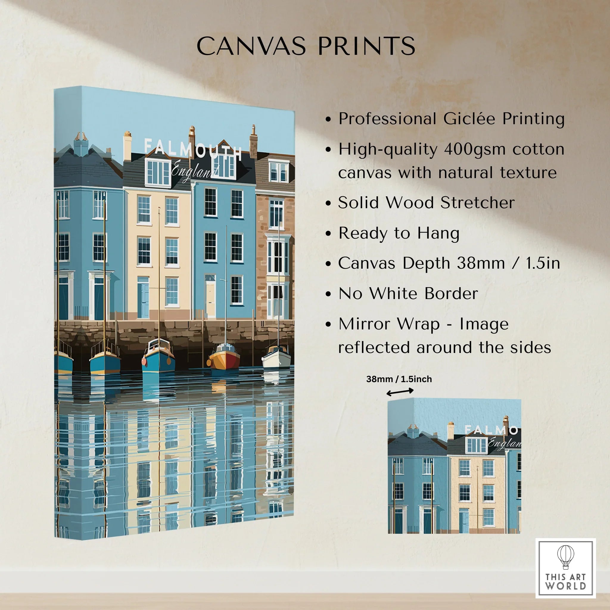 Falmouth Cornwall Harbour Travel Poster — canvas print stretched cotton canvas details