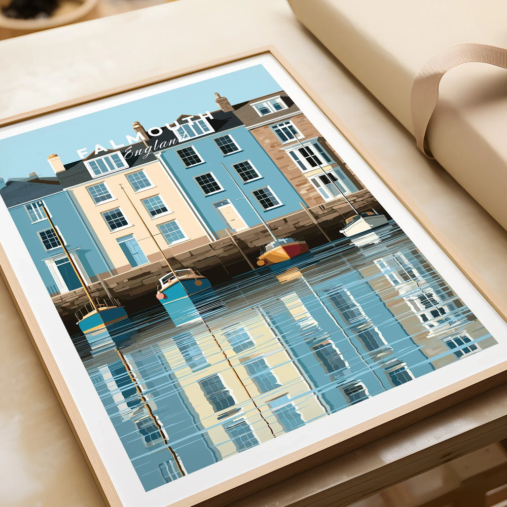 Falmouth Cornwall Harbour Travel Poster — framed art print closeup gift unwrapped natural frame
