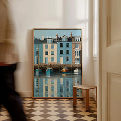Falmouth Cornwall Harbour Travel Poster — framed canvas on floor man walking past