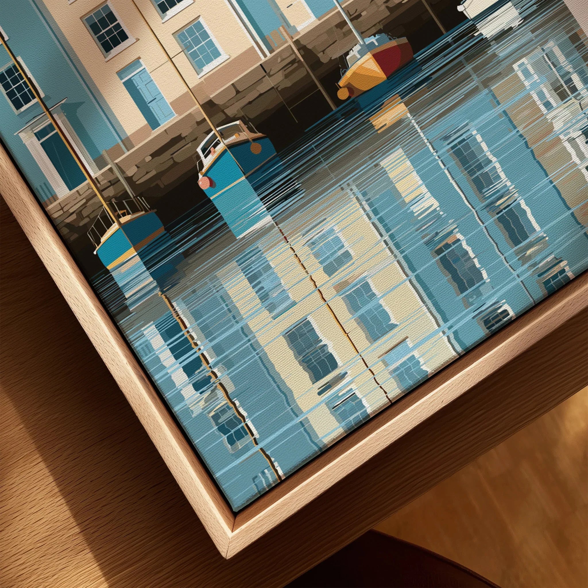 Falmouth Cornwall Harbour Travel Poster — closeup framed canvas natural wood floating frame