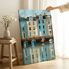 Falmouth Cornwall Harbour Travel Poster — canvas print mirror edge hand holding room setting