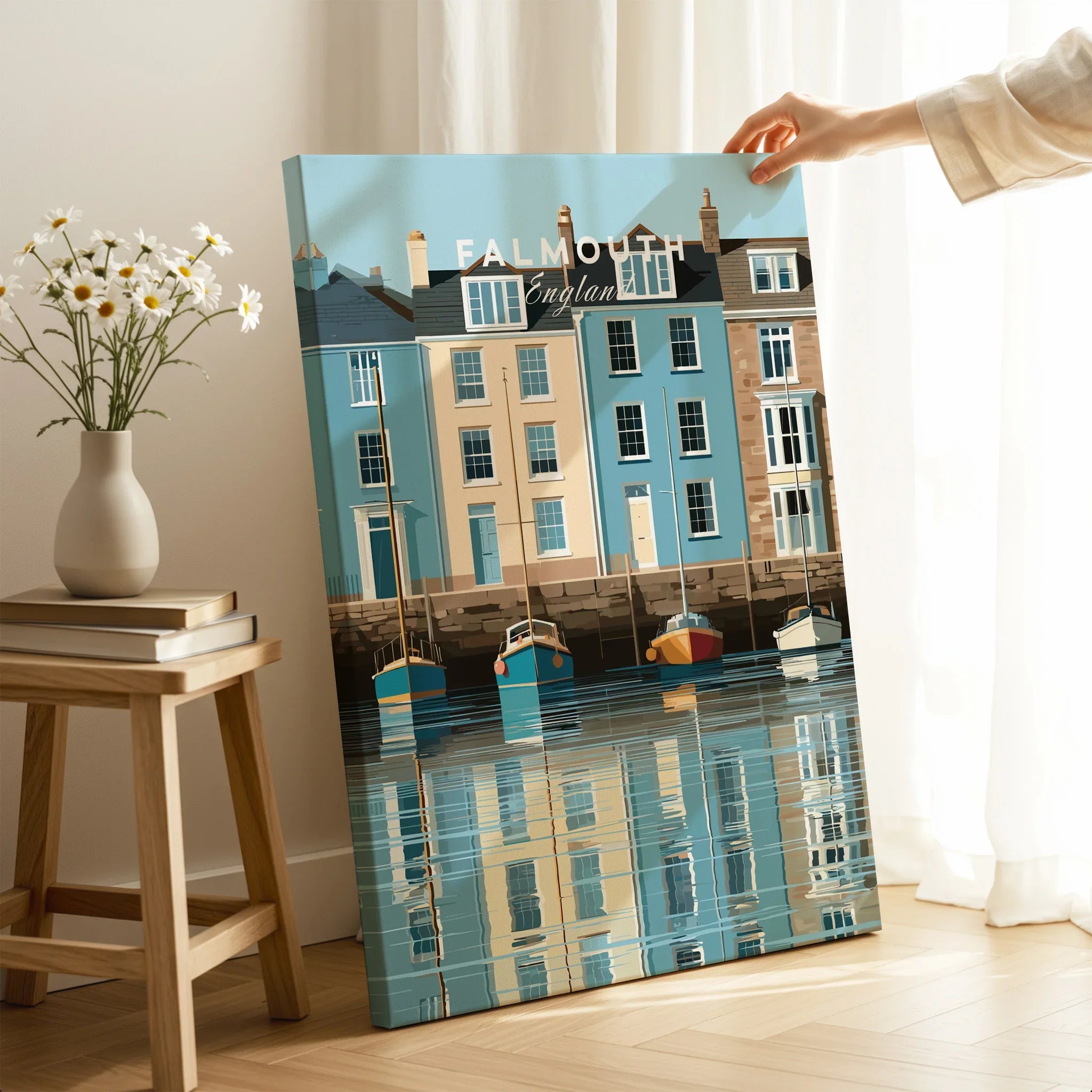 Falmouth Cornwall Harbour Travel Poster — canvas print mirror edge hand holding room setting