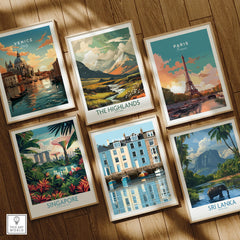 Falmouth Cornwall Harbour Travel Poster — set six framed art prints wooden floor natural wood frames
