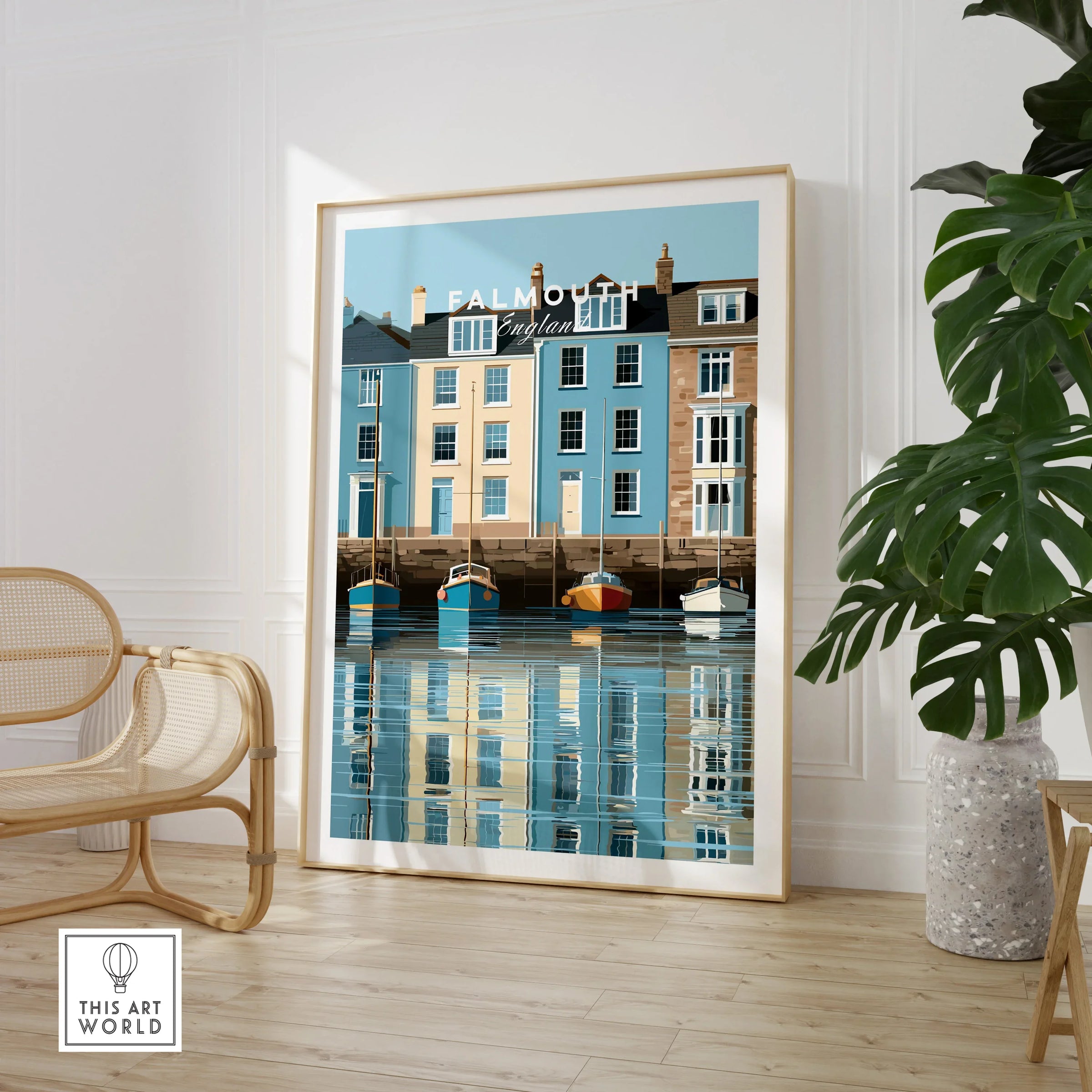 Falmouth Cornwall Harbour Travel Poster — large framed print room setting chair plant
