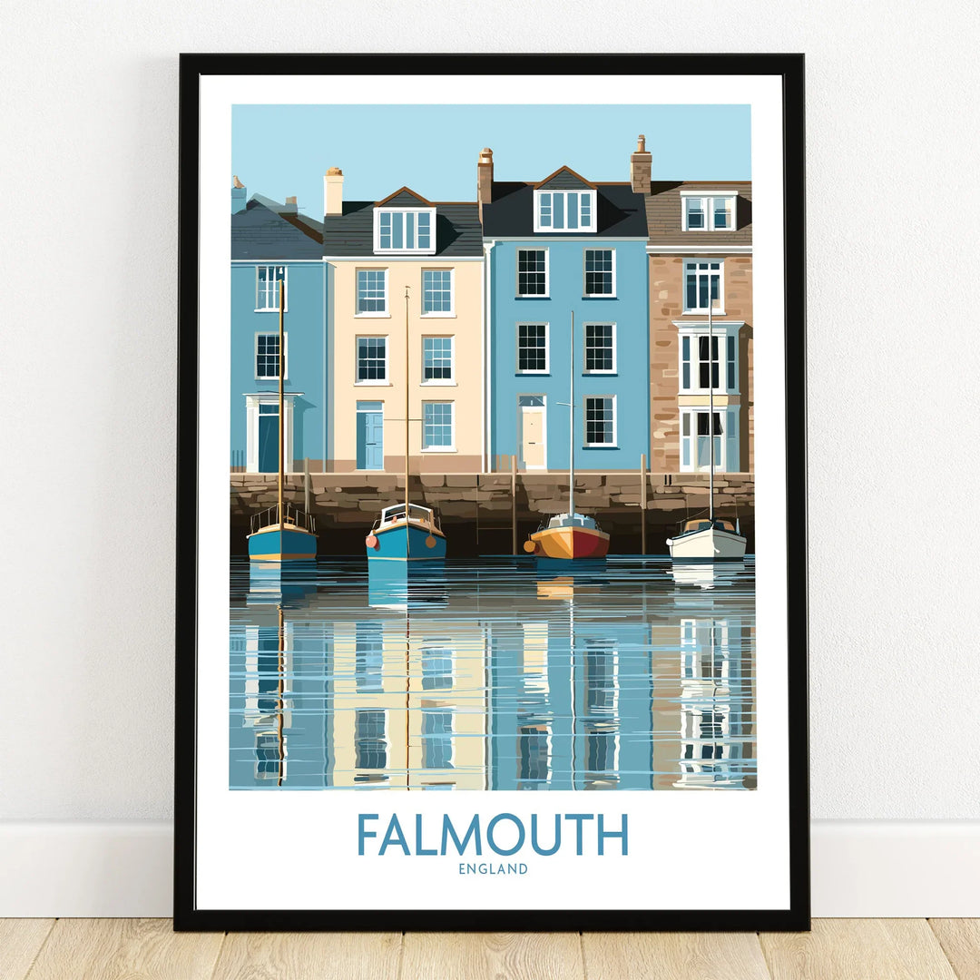 Falmouth Cornwall Quayside Houses Wall Art — art print in black frame on wooden floor