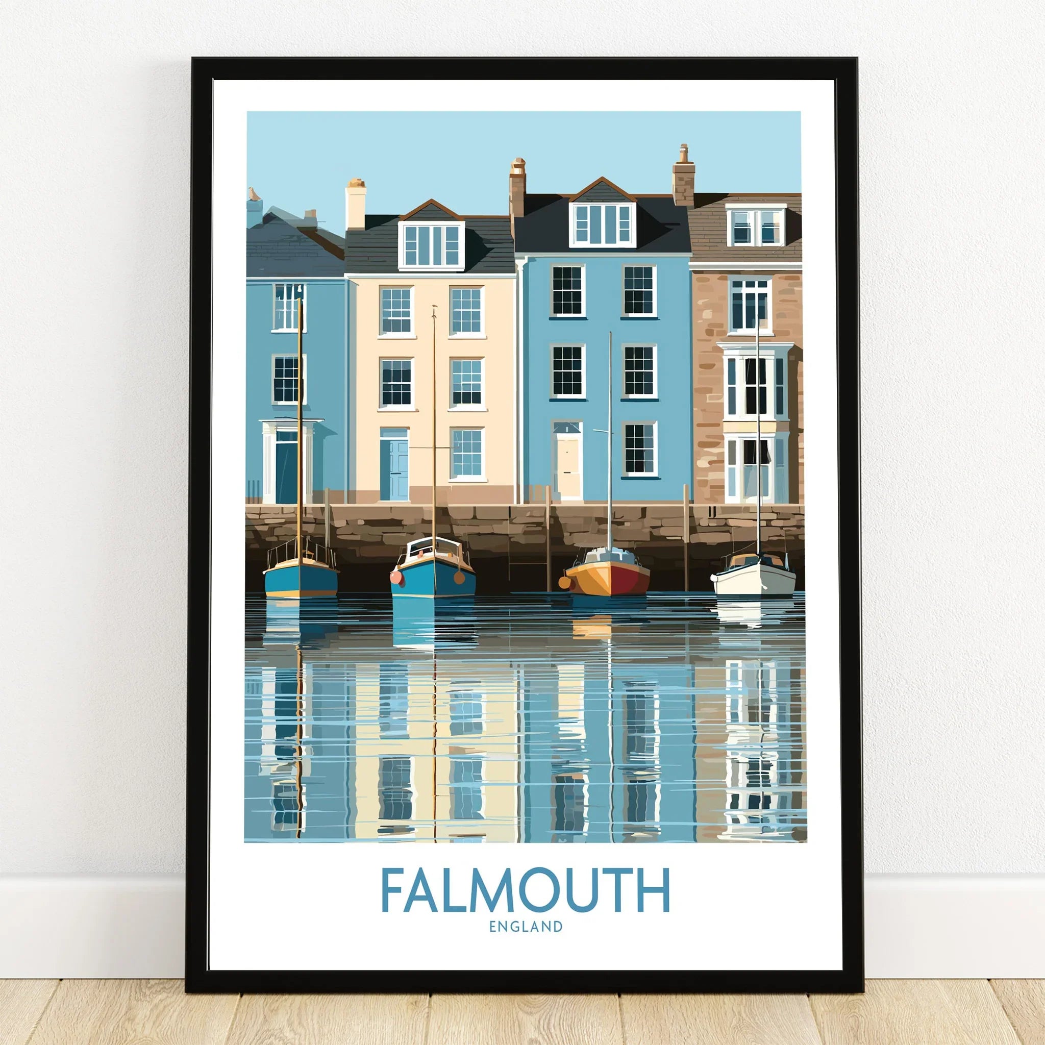 Falmouth Cornwall Quayside Houses Wall Art — art print in black frame on wooden floor