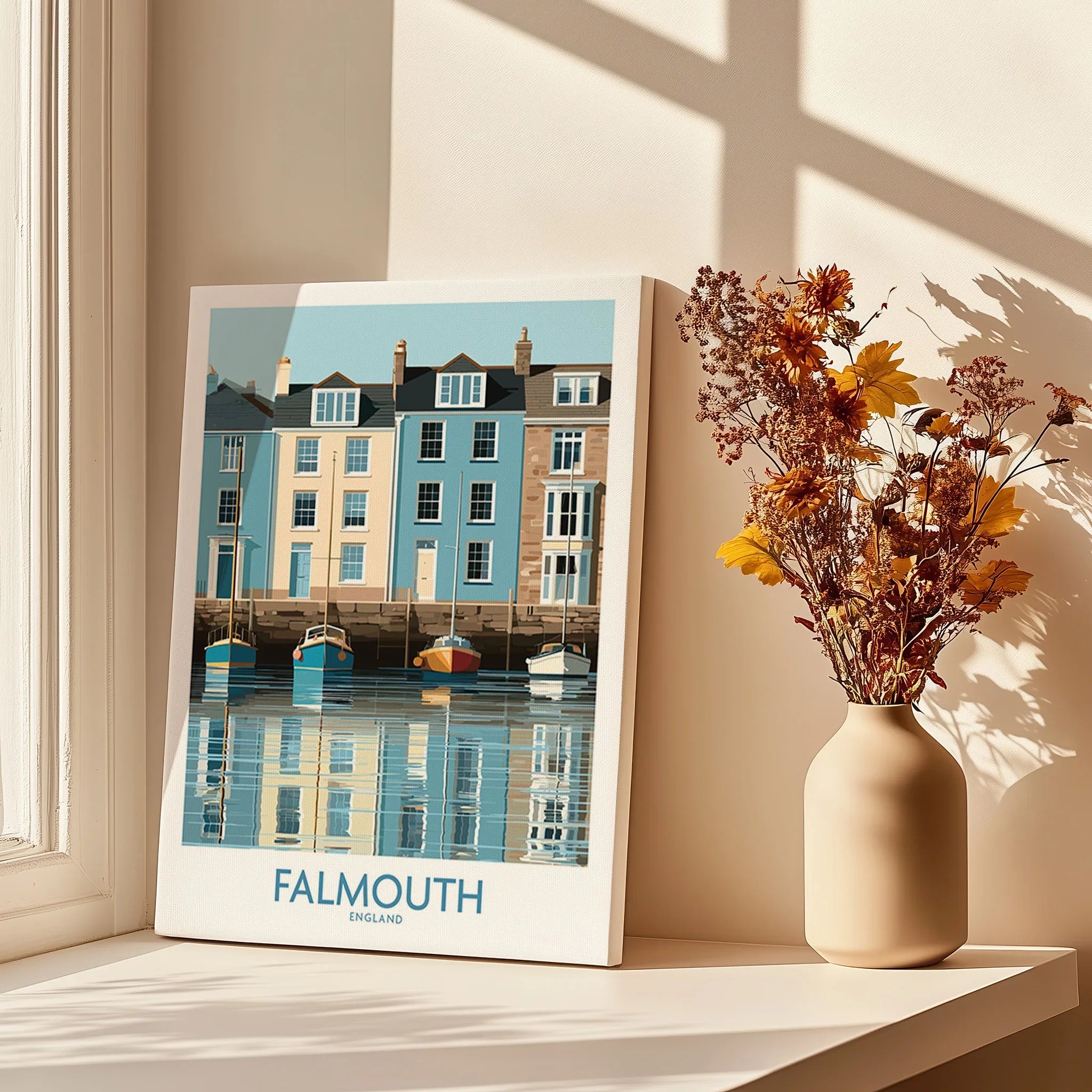 Falmouth Cornwall Quayside Houses Wall Art — canvas print window setting with shadows flowers