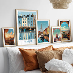 Falmouth Cornwall Quayside Houses Wall Art — set five framed artprints above bed natural wood frames