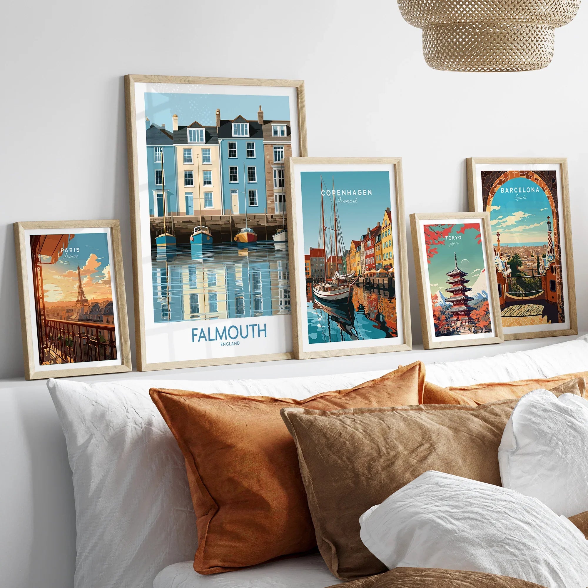 Falmouth Cornwall Quayside Houses Wall Art — set five framed artprints above bed natural wood frames