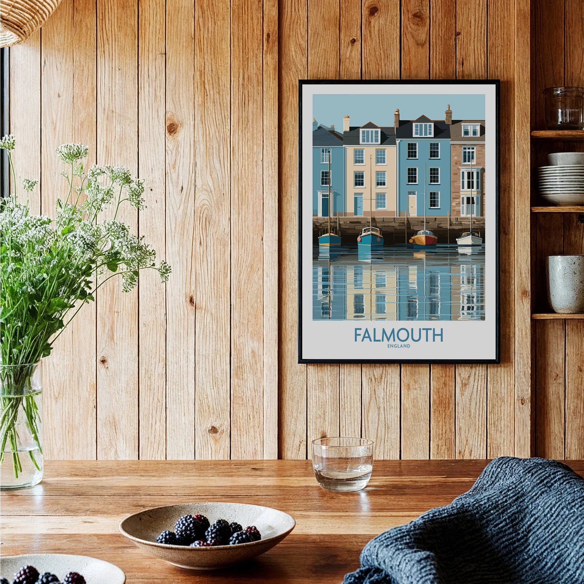 Falmouth Cornwall Quayside Houses Wall Art — black framed art print kitchen setting
