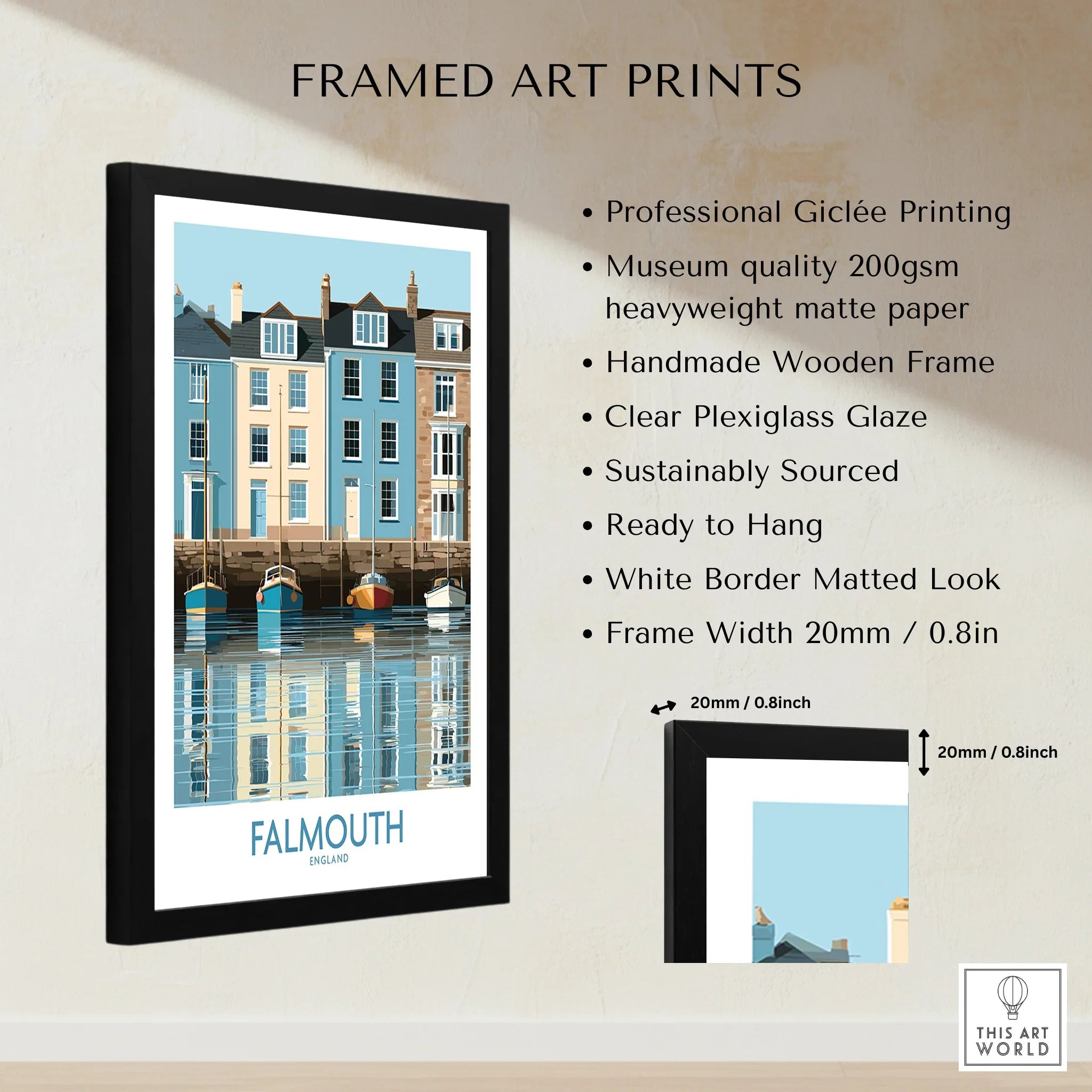 Falmouth Cornwall Quayside Houses Wall Art — framed print details measurements quality details