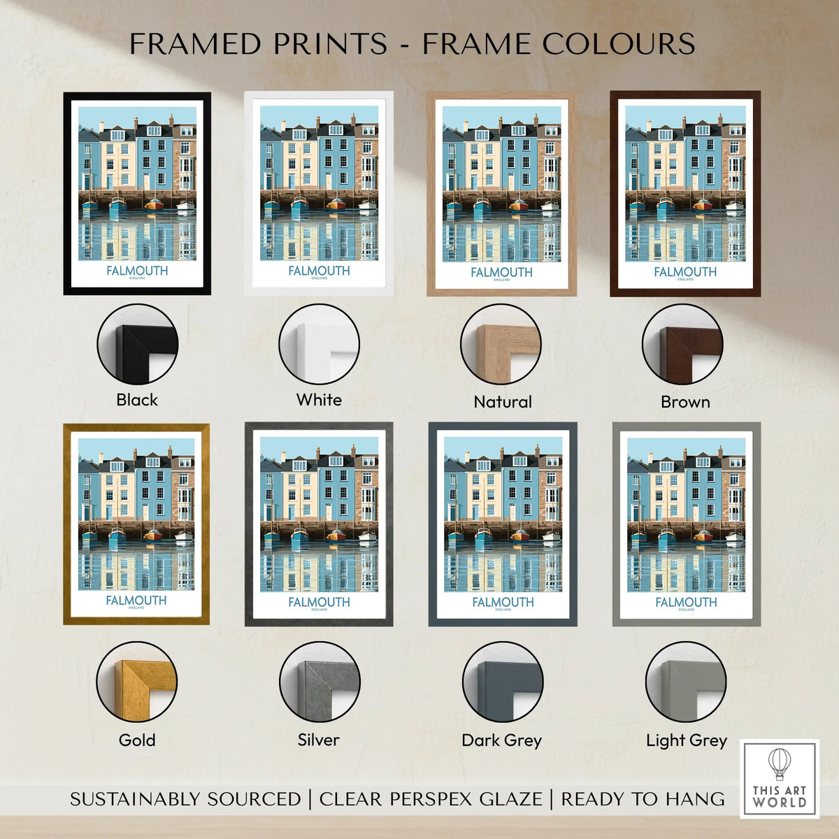 Falmouth Cornwall Quayside Houses Wall Art — framed print colour options