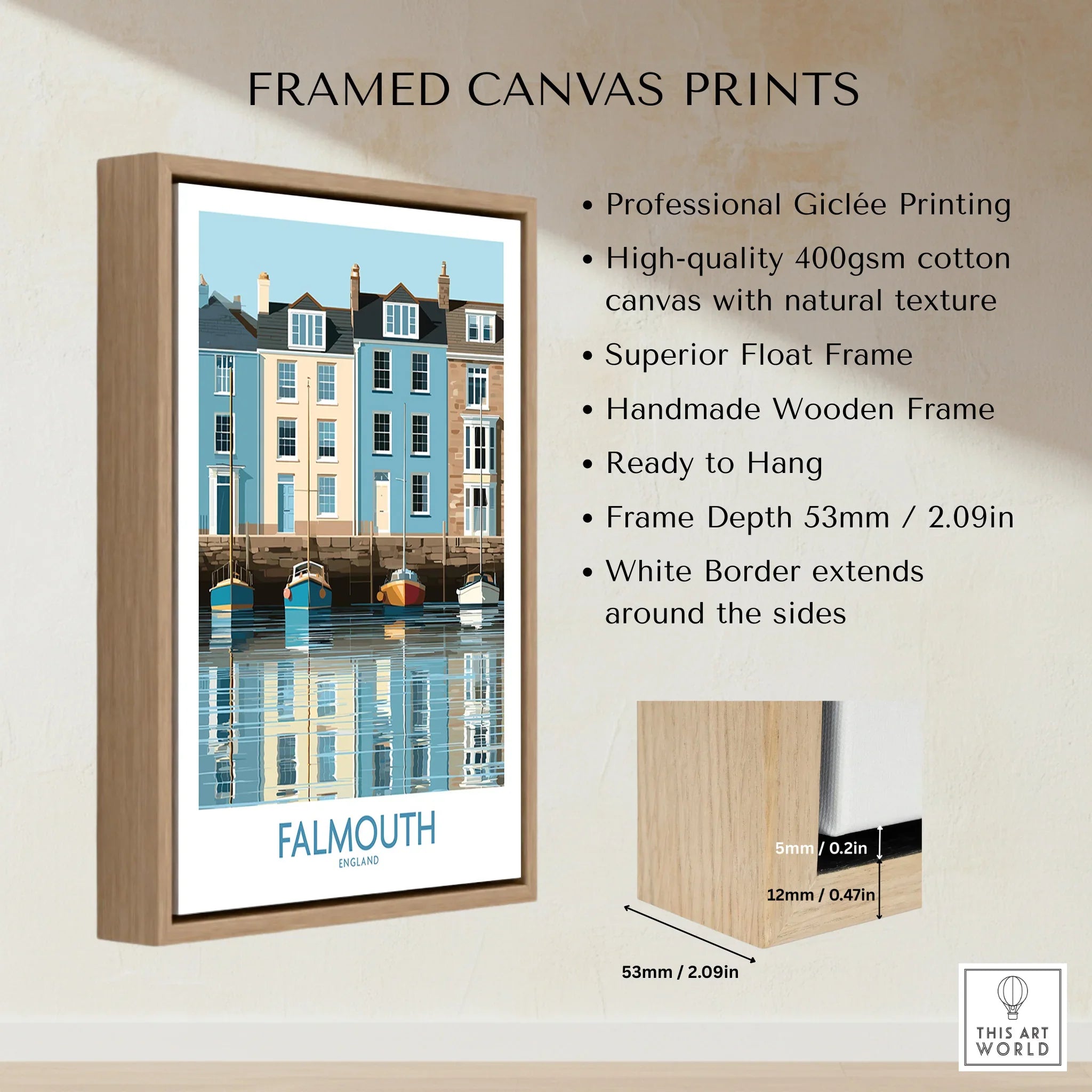 Falmouth Cornwall Quayside Houses Wall Art — framed canvas float frame details quality